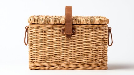 Stylish woven picnic basket with a leather strap, perfect for outdoor dining trips.