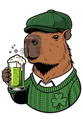 Capybara in Irish sweater drinking green beer cartoon for St. Patrick's Day