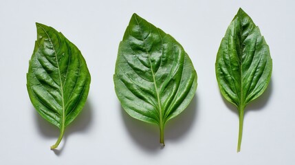 Three vibrant green basil leaves on a light background showcasing their unique textures.