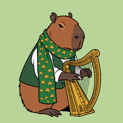 Capybara playing Irish harp with shamrock scarf on green background