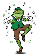 Cartoon frog Irish dancing with music notes and green vest