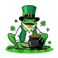 Leprechaun frog guarding pot of gold on grassy clover field