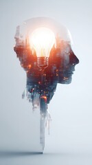 Human head silhouette with cityscape and glowing light bulb, symbolizing creativity, innovation, and thoughtful ideas in urban environment, modern and inspirational concept