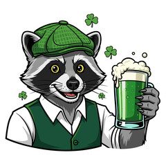 Cartoon raccoon with green beer wearing cap and vest on St. Patrick's Day