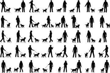 Large Collection of Black Silhouette Men and Women Walking Dogs on Leashes, Representing Pet Ownership, Walking, Exercise, and Companion Animal Lifestyle
