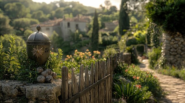 A decorative lantern sits on a stone wall, with a wooden fence and a path leading to a house in the background. The scene is bathed in sunlight. - Powered by Adobe