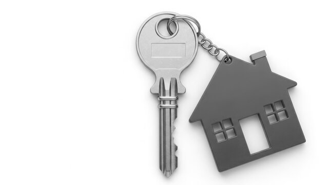 Silver key with red house keychain isolated on white background