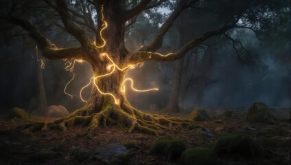 A glowing tree with a sprawling root system in a misty forest, mystical ambiance