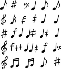 Musical notes, sharps, flats, clefs, and rhythm symbols illustration set, music notation graphic icons for sheet music, melody and theory design