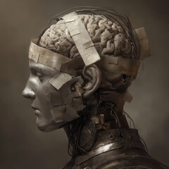 Artificial intelligence human head brain cybernetic thoughtful futuristic technology metal wires machine emotionless profile
