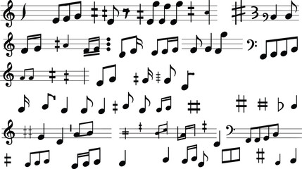 Music notation symbols, sheet music icons, musical notes collection, clef signs, sharps and flats, rhythm symbols, melody elements, audio composition graphics