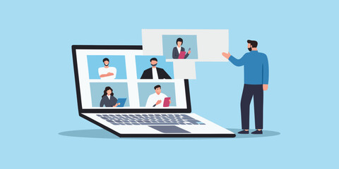 Man presenting online meeting on laptop with colleagues in a virtual conference