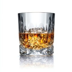 A sophisticated glass of whiskey with ice, reflecting light elegantly.