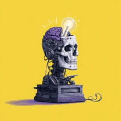 Mechanical skull purple brain light bulb cybernetic head yellow background creative technology innovation artificial intelligence emotional surreal thoughtful