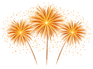 Golden fireworks bursting in the night sky isolated on transparent background