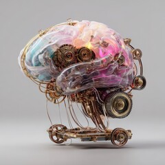 Futuristic brain sculpture with colorful translucent layers, exposed gears, and mechanical parts, symbolizing artificial intelligence and innovation