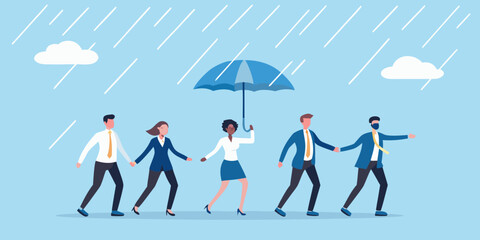 Business team walking in the rain with umbrella protection and support concept