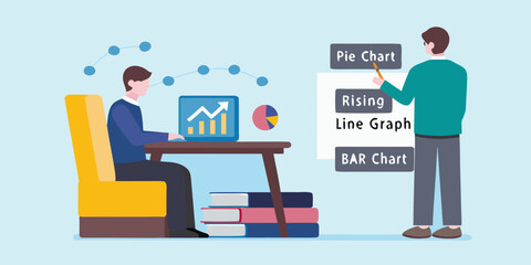 Business presentation with charts and data analysis financial report meeting illustration