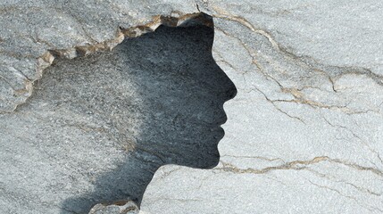 A stone sculpture revealing a human face silhouette among natural textures.