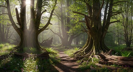 Obraz premium Sunlit Forest Path with Ancient Trees and Wildflowers