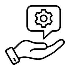 Hand holding a speech bubble with a gear icon representing technical support, customer service, and effective solutions