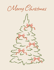 Greeting card with a Christmas tree and bows. Vector doodle illustration.