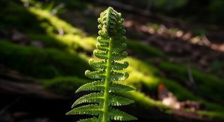 Unfurling Fern Frond with Morning Dew in Forest