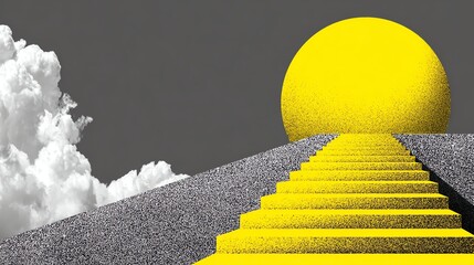 A vibrant yellow sun rises over a geometric landscape of stairs and clouds.