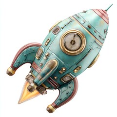 A vintage rocket spaceship with intricate details and a colorful design.