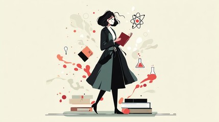 A woman in a lab coat explores scientific ideas with books and experiments.