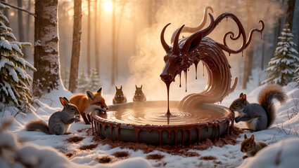 Animals drink from a dragon chocolate fountain