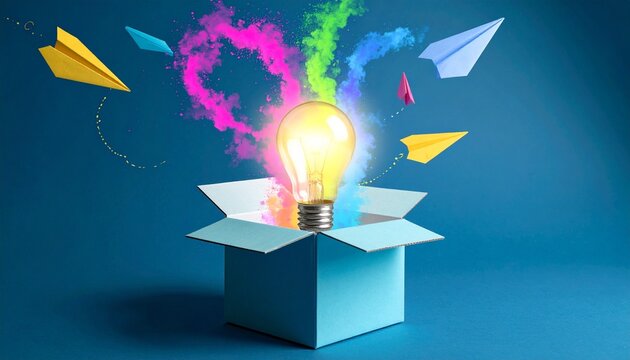 light bulb emerging from blue box with colorful trails and paper airplanes, symbolizing creativity and innovation
