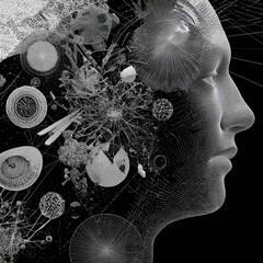 Abstract human head profile, digital lines, geometric shapes, network connections, and organic patterns create thoughtful, futuristic, and creative concept on black background