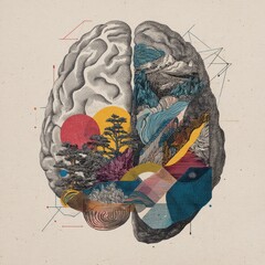 Surreal brain illustration with abstract landscape, geometric shapes, and colorful trees, blending nature and creativity, symbolizing imagination, thought, and artistic expression
