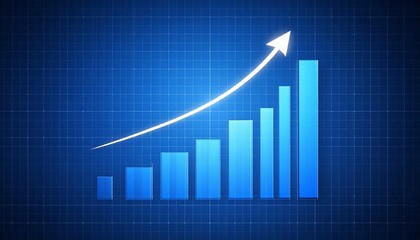 stylized bar graph with upward arrow on blue grid background, symbolizing growth and success