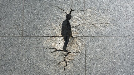 An artistic representation of a figure standing amidst cracks in the pavement.