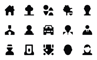 Collection of simple black and white icons representing people places and objects