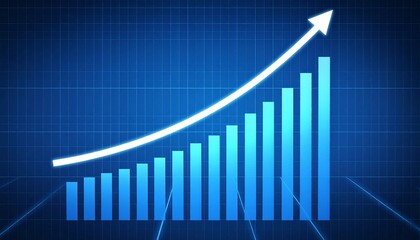 stylized bar graph with upward arrow on blue grid background, symbolizing growth and success