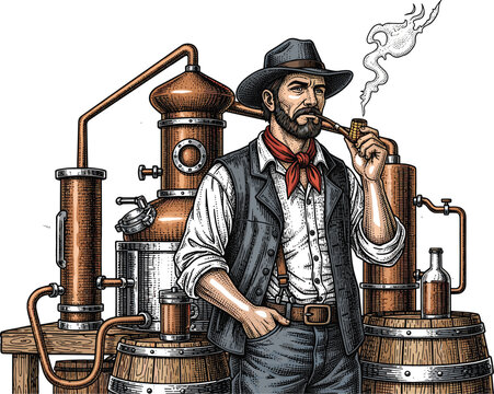 Rustic Appalachian Moonshiner Detailed Engraved Illustration with Still, Barrels, and Pipe