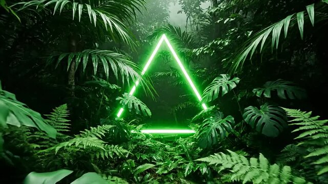 Lush green jungle with glowing neon triangle portal, mysterious and vibrant scene.