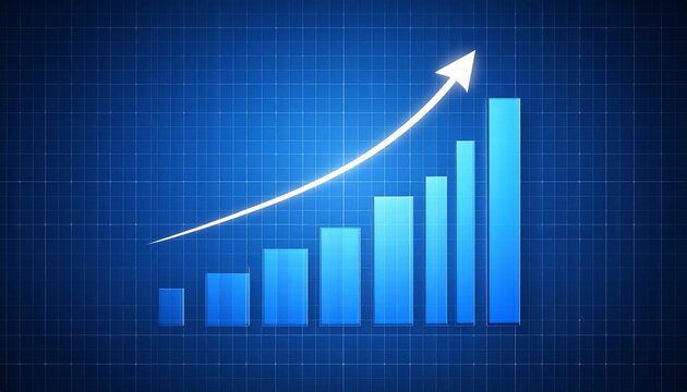 stylized bar graph with upward arrow on blue grid background, symbolizing growth and success