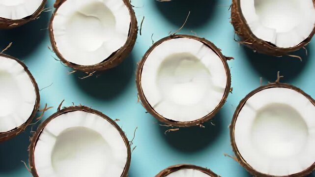 Fresh Coconuts Halved on a Blue Background.