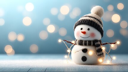 Cheerful snowman with lights, wearing a scarf and hat, against a snowy background.