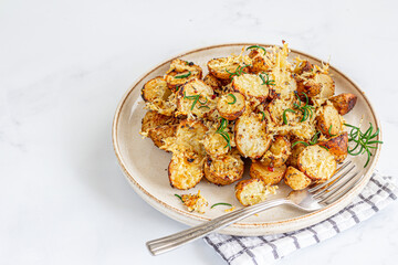 Crunchy Oven-Baked Potato Wedges With Condiment Garnished With Fresh Rosemary