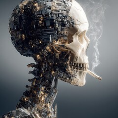 Futuristic cybernetic skull with electronic circuit details, smoking cigarette, side profile, digital art, moody atmosphere, technology and mortality concept