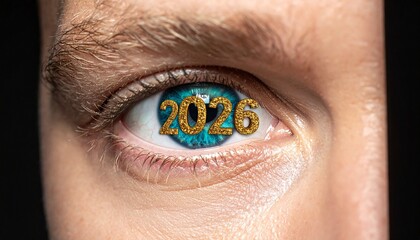 blue eye with gold “2026” text in iris, symbolic vision of the future on black background