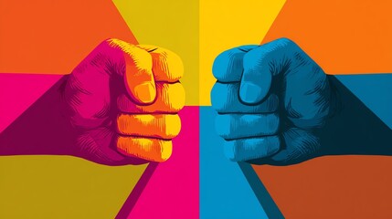 Colorful graphic of two fists symbolizing unity and strength in diversity.