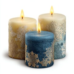 Elegant decorative candles in various colors with intricate designs, glowing gently.