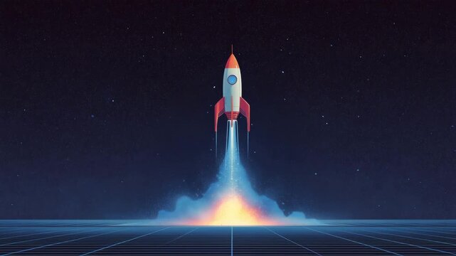 星空を背景に赤白のロケットとノートPCが並ぶ構図