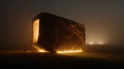 Mysterious illuminated stone structure in a foggy landscape at night.